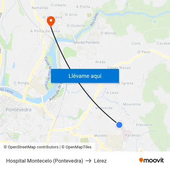 Hospital Montecelo (Pontevedra) to Lérez map
