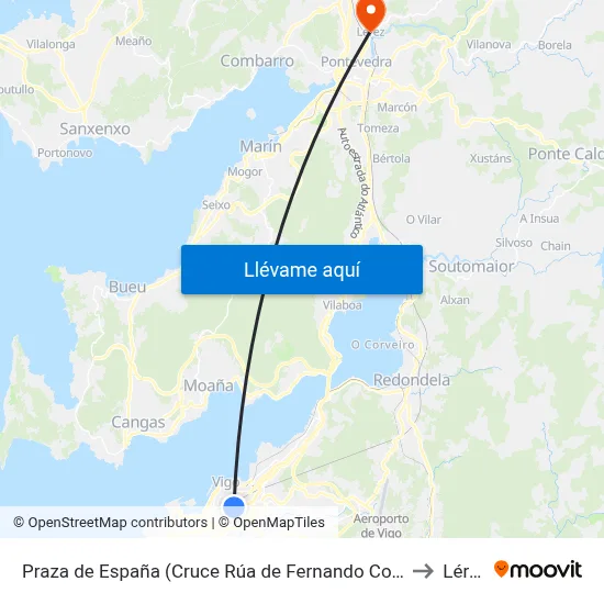 Praza de España (Cruce Rúa de Fernando Conde) to Lérez map