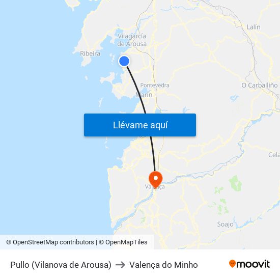 Pullo (Vilanova de Arousa) to Valença do Minho map