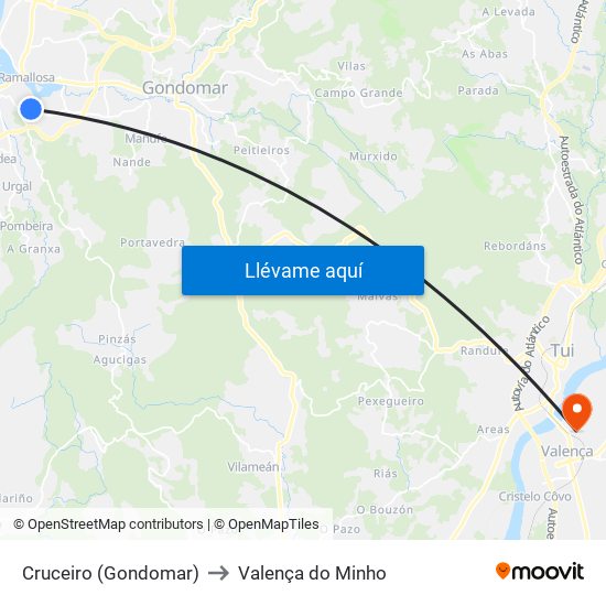 Cruceiro (Gondomar) to Valença do Minho map