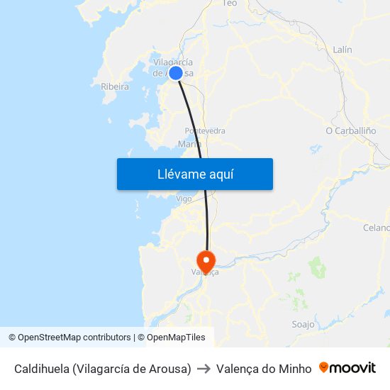 Caldihuela (Vilagarcía de Arousa) to Valença do Minho map