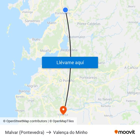 Malvar (Pontevedra) to Valença do Minho map