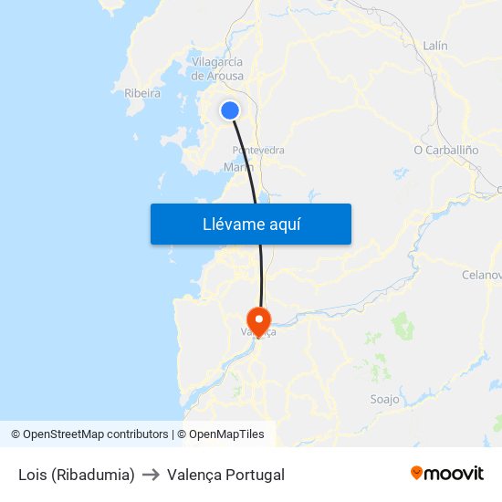 Lois (Ribadumia) to Valença Portugal map