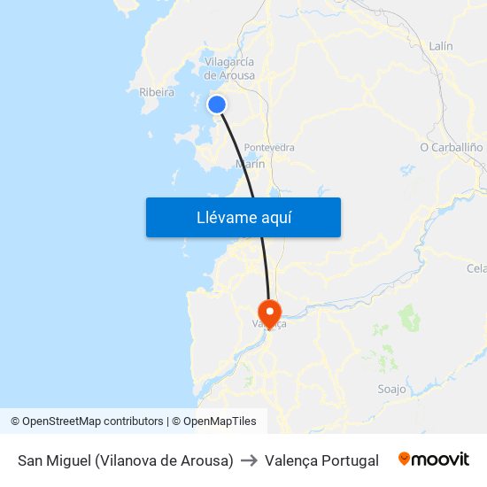 San Miguel (Vilanova de Arousa) to Valença Portugal map
