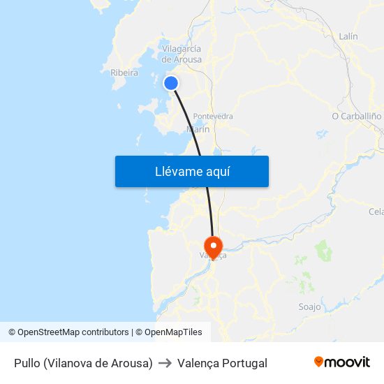 Pullo (Vilanova de Arousa) to Valença Portugal map