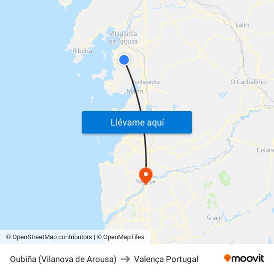 Oubiña (Vilanova de Arousa) to Valença Portugal map