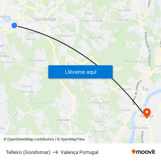 Telleiro (Gondomar) to Valença Portugal map