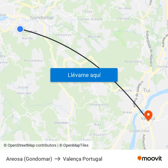 Areosa (Gondomar) to Valença Portugal map