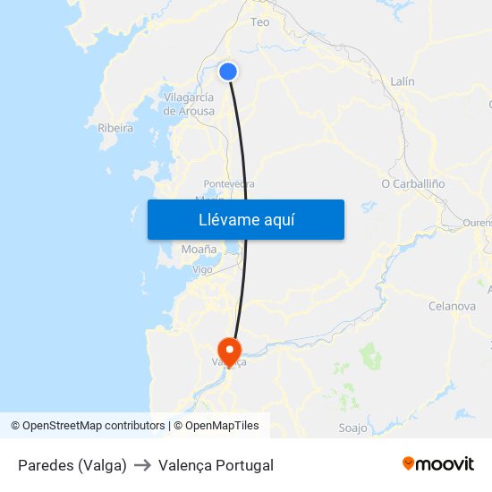 Paredes (Valga) to Valença Portugal map