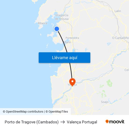 Porto de Tragove (Cambados) to Valença Portugal map
