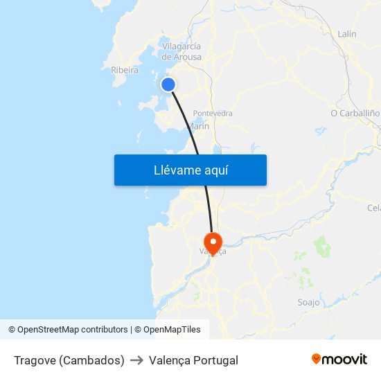 Tragove (Cambados) to Valença Portugal map