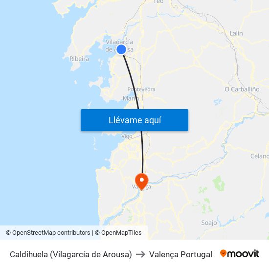 Caldihuela (Vilagarcía de Arousa) to Valença Portugal map