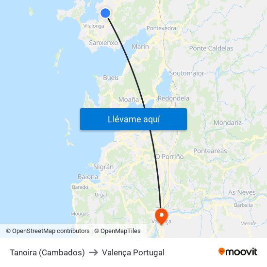 Tanoira (Cambados) to Valença Portugal map