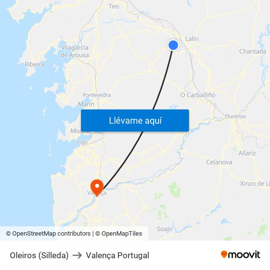 Oleiros (Silleda) to Valença Portugal map