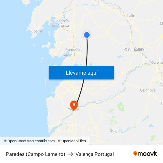 Paredes (Campo Lameiro) to Valença Portugal map