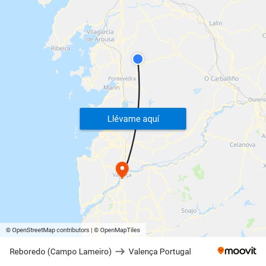 Reboredo (Campo Lameiro) to Valença Portugal map