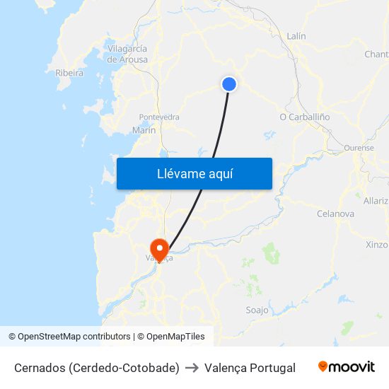 Cernados (Cerdedo-Cotobade) to Valença Portugal map