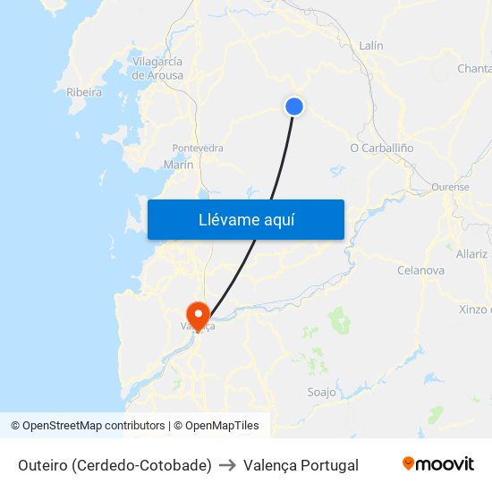 Outeiro (Cerdedo-Cotobade) to Valença Portugal map