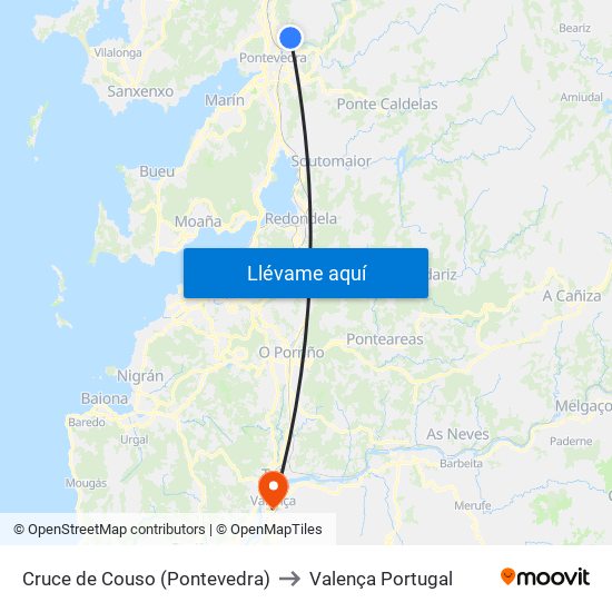 Cruce de Couso (Pontevedra) to Valença Portugal map