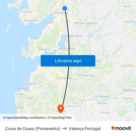 Cruce de Couso (Pontevedra) to Valença Portugal map