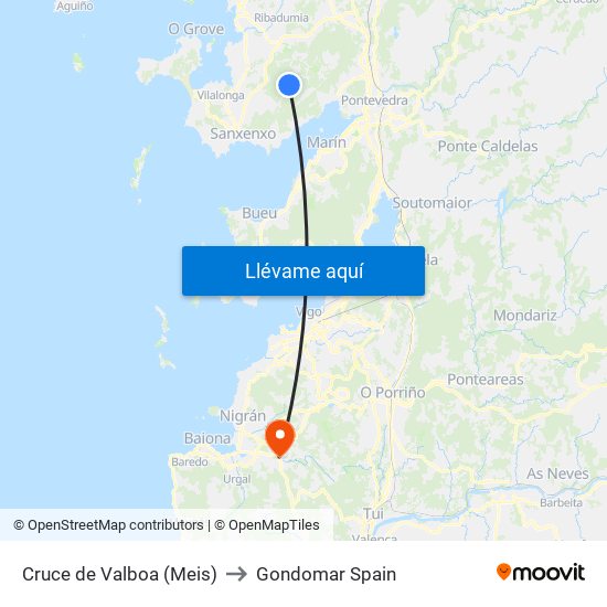 Cruce de Valboa (Meis) to Gondomar Spain map