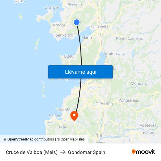 Cruce de Valboa (Meis) to Gondomar Spain map