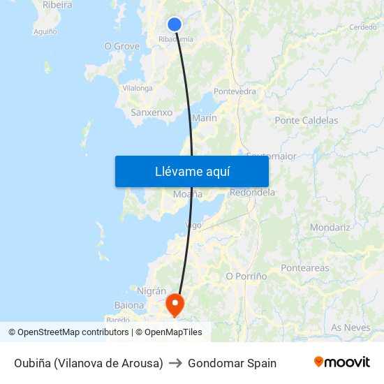 Oubiña (Vilanova de Arousa) to Gondomar Spain map