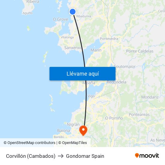 Corvillón (Cambados) to Gondomar Spain map