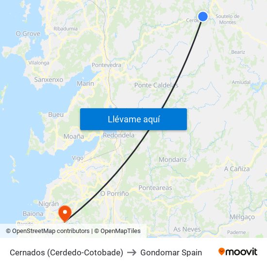Cernados (Cerdedo-Cotobade) to Gondomar Spain map