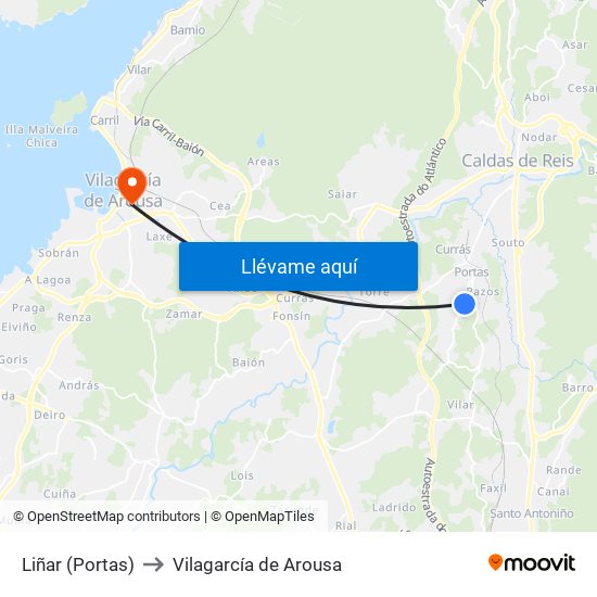 Liñar (Portas) to Vilagarcía de Arousa map