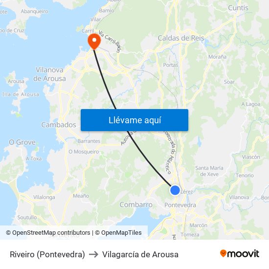 Riveiro (Pontevedra) to Vilagarcía de Arousa map