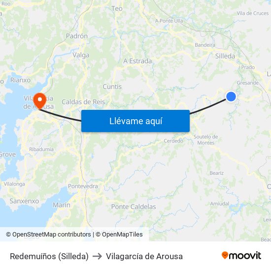 Redemuíños (Silleda) to Vilagarcía de Arousa map