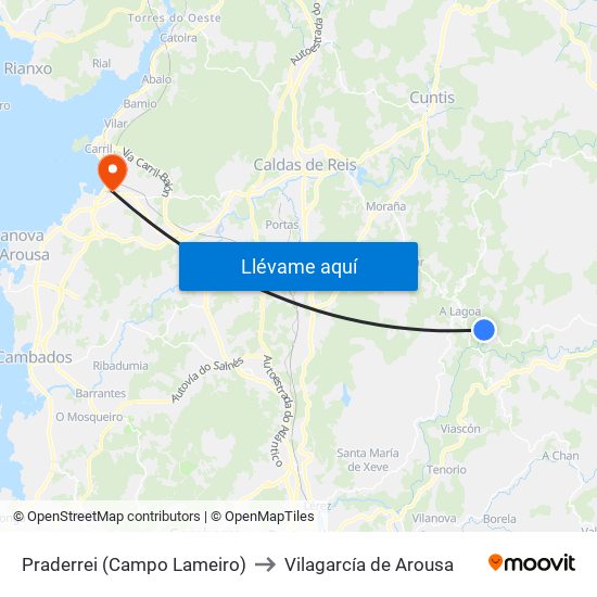 Praderrei (Campo Lameiro) to Vilagarcía de Arousa map