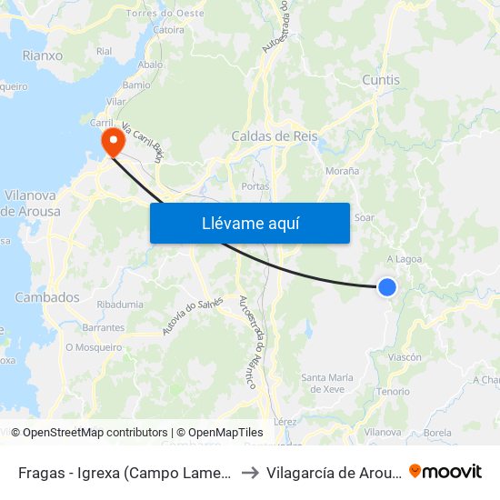 Fragas - Igrexa (Campo Lameiro) to Vilagarcía de Arousa map