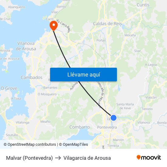 Malvar (Pontevedra) to Vilagarcía de Arousa map