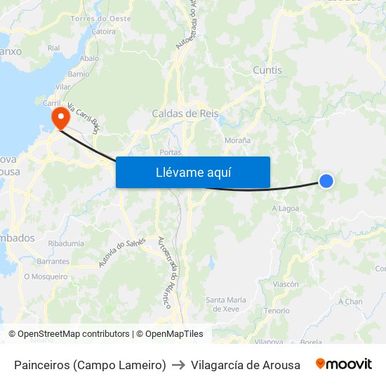 Painceiros (Campo Lameiro) to Vilagarcía de Arousa map