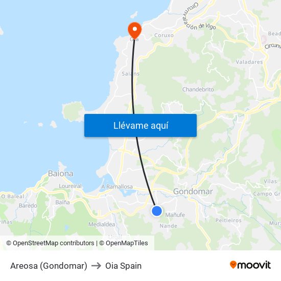 Areosa (Gondomar) to Oia Spain map
