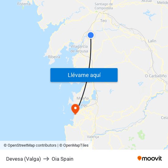 Devesa (Valga) to Oia Spain map