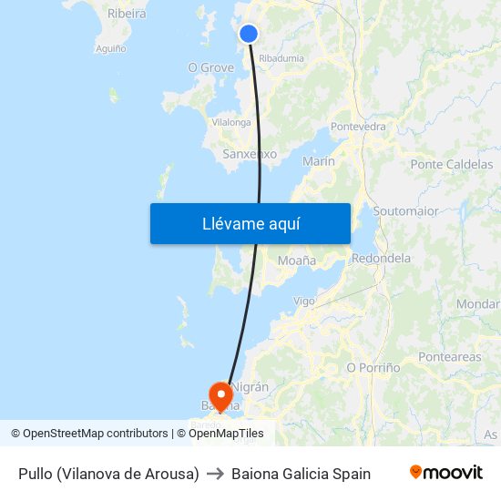 Pullo (Vilanova de Arousa) to Baiona Galicia Spain map