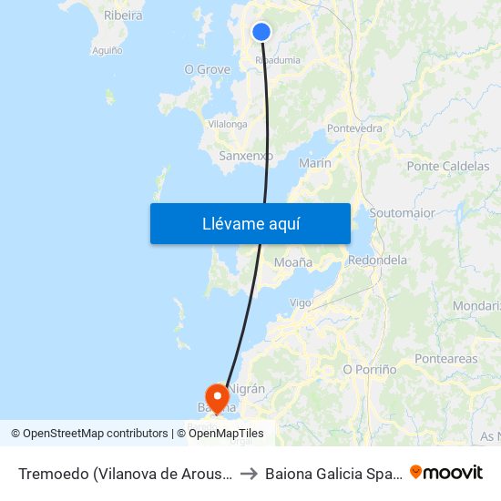 Tremoedo (Vilanova de Arousa) to Baiona Galicia Spain map