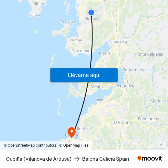 Oubiña (Vilanova de Arousa) to Baiona Galicia Spain map