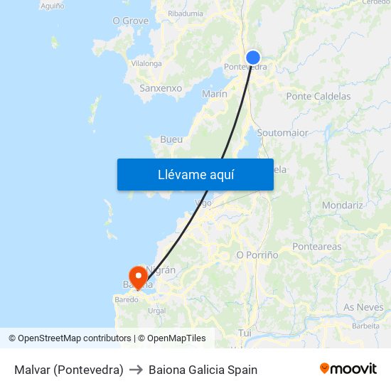 Malvar (Pontevedra) to Baiona Galicia Spain map