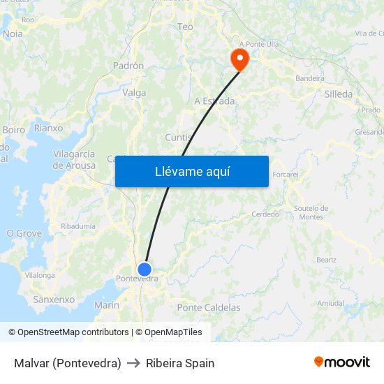 Malvar (Pontevedra) to Ribeira Spain map