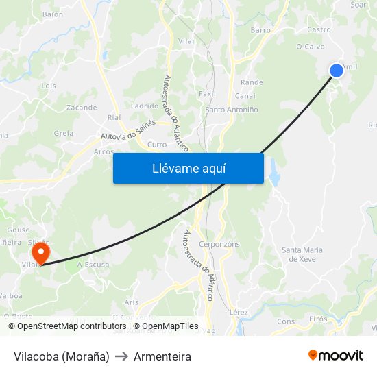 Vilacoba (Moraña) to Armenteira map