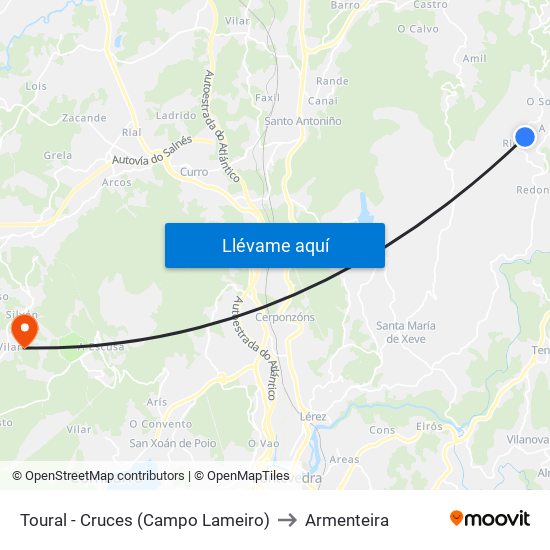 Toural - Cruces (Campo Lameiro) to Armenteira map