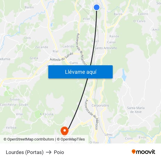 Lourdes (Portas) to Poio map