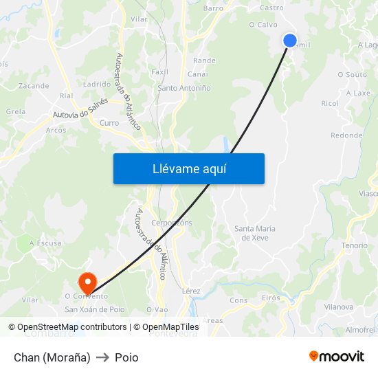 Chan (Moraña) to Poio map
