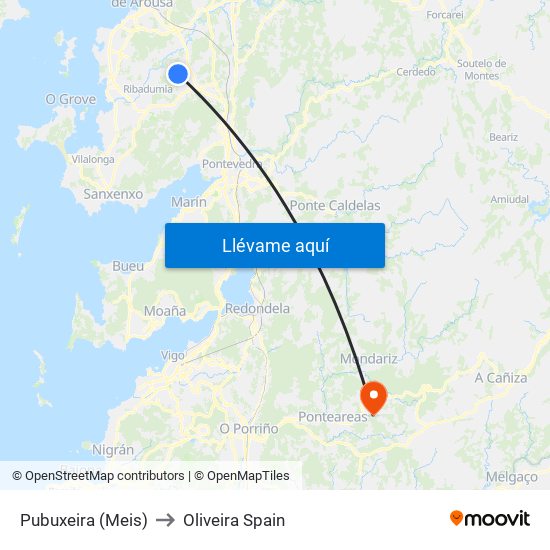 Pubuxeira (Meis) to Oliveira Spain map