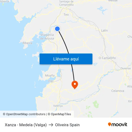 Xanza - Medela (Valga) to Oliveira Spain map