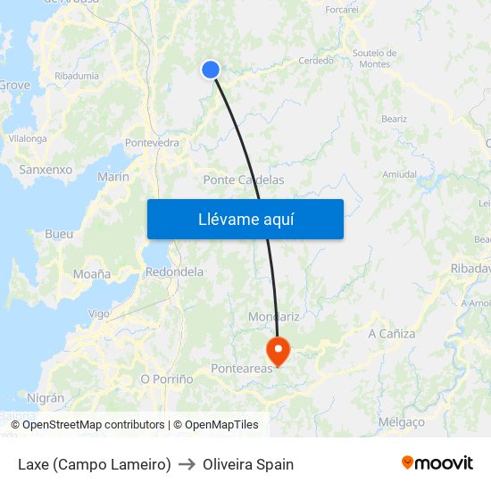 Laxe (Campo Lameiro) to Oliveira Spain map